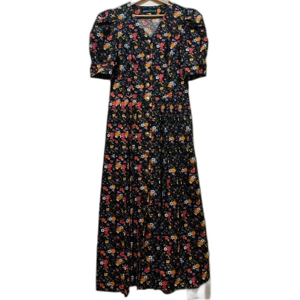 Floral Button-Front Maxi Dress in Black